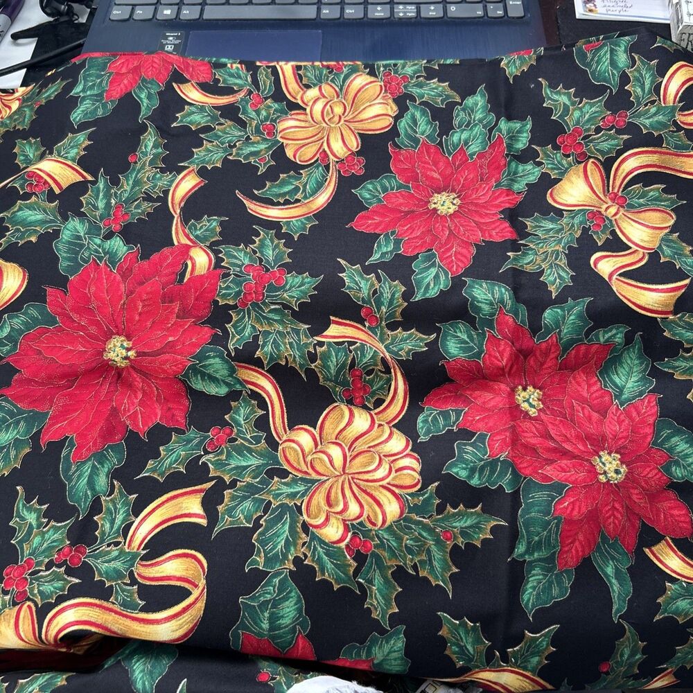 Cranston Home Christmas Holly Holiday Poinsettia Bows Floral Print Cotton Fabric